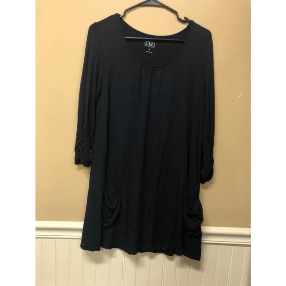 LOGO Lori Goldstein Black Tunic Scoop Neck Ruched 3/4 Sleeves Draping Pockets - Picture 1 of 7